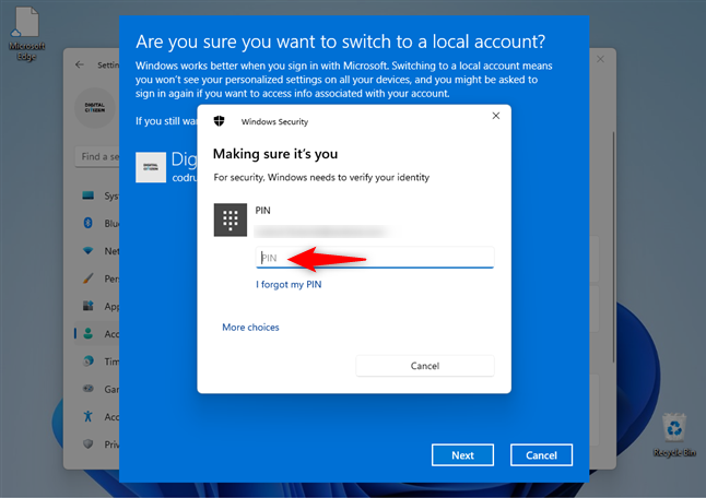Skærmbillede hvor PIN-kode eller Microsoft-adgangskode indtastes